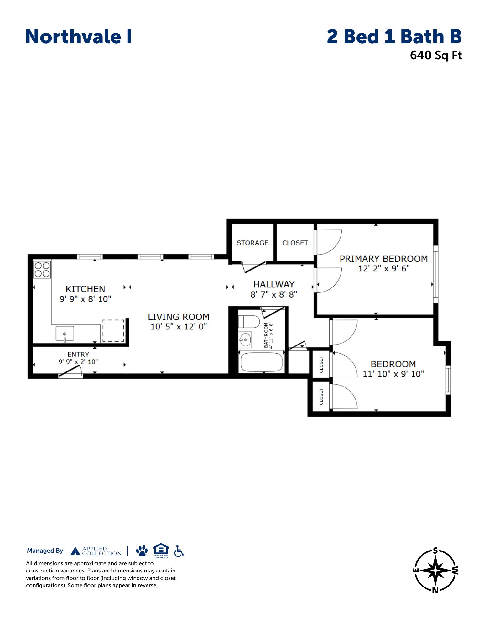 Floor plan for 2 beds, 1 bath, 640 sqft